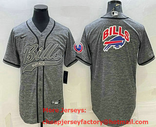 Men's Buffalo Bills Grey Gridiron Team Big Logo With Patch Cool Base Stitched Baseball Jersey