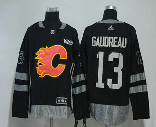 Men's Calgary Flames #13 Johnny Gaudreau Black 100th Anniversary Stitched NHL 2017 Hockey Jersey
