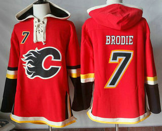 Men's Calgary Flames #7 TJ Brodie Red Sawyer Hooded Sweatshirt Stitched NHL Jersey