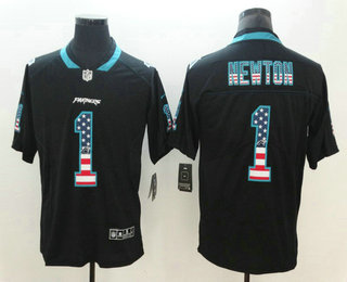 Men's Carolina Panthers #1 Cam Newton 2018 USA Flag Fashion Black Color Rush Stitched Nike Limited Jersey