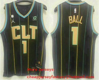 Men's Charlotte Hornets #1 LaMelo Ball 2023 Black City Edition With 6 Patch Stitched Jersey With Sponsor