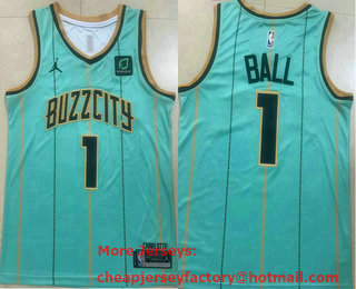 Men's Charlotte Hornets #1 LaMelo Ball Green 2022 Brand Jordan Swingman Jersey With Sponsor