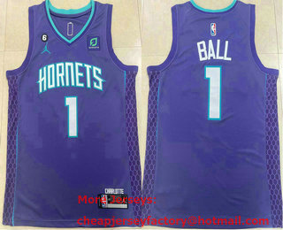 Men's Charlotte Hornets #1 LaMelo Ball Purple 2022 Brand Jordan Swingman Jersey With Sponsor