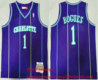 Men's Charlotte Hornets #1 Tyrone Bogues 1994-95 Purple Hardwood Classics Soul Swingman Throwback Jersey
