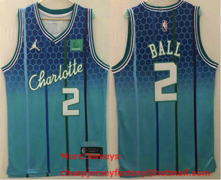 Men's Charlotte Hornets #2 Lamelo Ball Blue Jordan Diamond 2022 City Edition Swingman Stitched Jersey With Sponsor