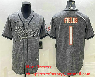 Men's Chicago Bears #1 Justin Fields Grey Gridiron With Patch Cool Base Stitched Baseball Jersey