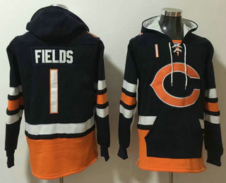 Men's Chicago Bears #1 Justin Fields NEW Navy Blue Pocket Stitched NFL Pullover Hoodie
