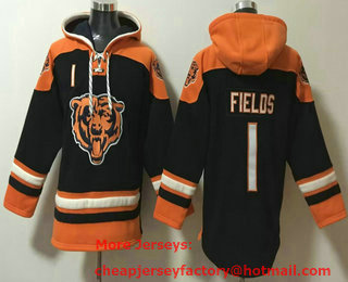 Men's Chicago Bears #1 Justin Fields Navy Blue Ageless Must Have Lace Up Pullover Hoodie
