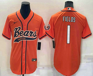 Men's Chicago Bears #1 Justin Fields Orange Stitched MLB Cool Base Nike Baseball Jersey