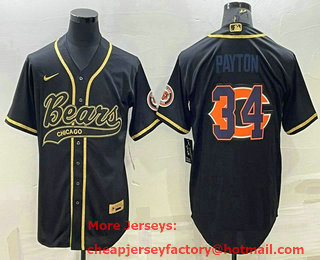 Men's Chicago Bears #34 Walter Payton Black Gold Team Big Logo With Patch Cool Base Stitched Baseball Jersey