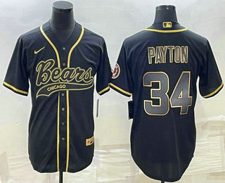 Men's Chicago Bears #34 Walter Payton Black Gold With Patch Cool Base Stitched Baseball Jersey
