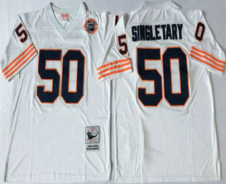 Men's Chicago Bears #50 Mike Singletary White With Bear Patch Throwback Jersey by Mitchell & Ness