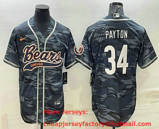 Men's Chicago Bears Blank #34 Walter Payton Grey Camo With Patch Cool Base Stitched Baseball Jersey 01
