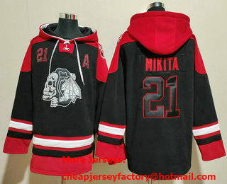 Men's Chicago Blackhawks #21 Stan Mikita Black Skulls Ageless Must Have Lace Up Pullover Hoodie