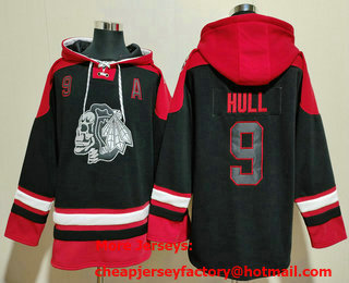 Men's Chicago Blackhawks #9 Bobby Hull Black Skulls Ageless Must Have Lace Up Pullover Hoodie