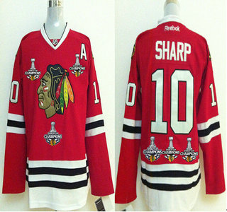 Men's Chicago Blackhawks #10 Patrick Sharp Red Treble Champions Jersey With three Stanley Cup Champions Patches