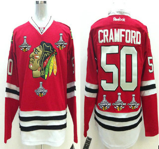 Men's Chicago Blackhawks #50 Corey Crawford Red Treble Champions Jersey With three Stanley Cup Champions Patches