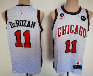Men's Chicago Bulls #11 DeMar DeRozan 2022 White City Edition With 6 Patch Stitched Jersey With Sponsor