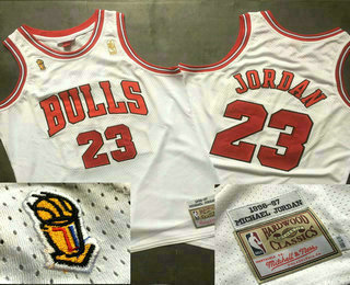 Men's Chicago Bulls #23 Michael Jordan 1996-97 White With Champions Patch Hardwood Classics Soul AU Swingman Throwback Jersey