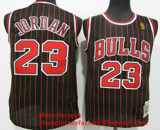 Men's Chicago Bulls #23 Michael Jordan 1997-98 Black Pinstripe Gold NBA Hardwood Classics Soul Swingman Throwback Jersey