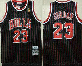Men's Chicago Bulls #23 Michael Jordan 1997-98 Black Pinstripe Hardwood Classics Soul Swingman Throwback Jersey