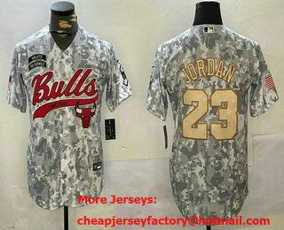 Men's Chicago Bulls #23 Michael Jordan Arctic Camo Gold 2024 Salute to Service Stitched Baseball Jersey