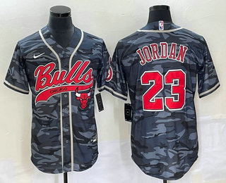 Men's Chicago Bulls #23 Michael Jordan Black Camo With Patch Cool Base Stitched Baseball Jersey 01