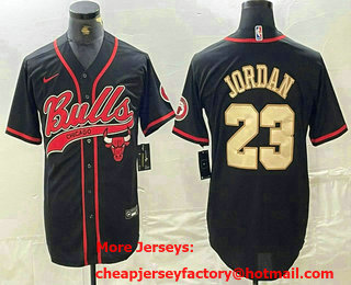 Men's Chicago Bulls #23 Michael Jordan Black Gold Cool Base Stitched Baseball Jersey 01