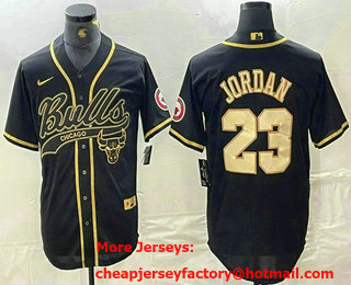 Men's Chicago Bulls #23 Michael Jordan Black Gold Cool Base Stitched Baseball Jersey