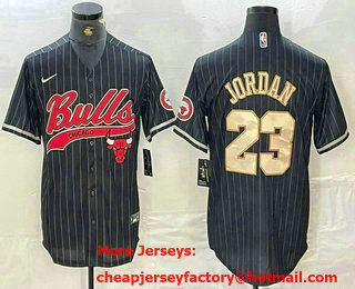 Men's Chicago Bulls #23 Michael Jordan Black Gold Pinstripe Cool Base Stitched Baseball Jersey