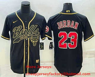 Men's Chicago Bulls #23 Michael Jordan Black Gold With Patch Cool Base Stitched Baseball Jersey
