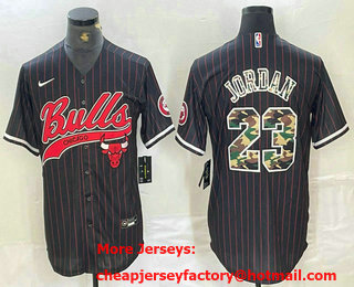 Men's Chicago Bulls #23 Michael Jordan Black Pinstripe Camo Cool Base Stitched Baseball Jersey