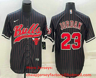 Men's Chicago Bulls #23 Michael Jordan Black Pinstripe With Patch Cool Base Stitched Baseball Jersey 01