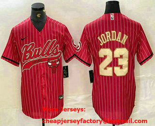Men's Chicago Bulls #23 Michael Jordan Red Gold Pinstripe Cool Base Stitched Baseball Jersey