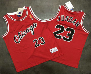 Men's Chicago Bulls #23 Michael Jordan Red With Printed Chicago Champions Swingman Jersey