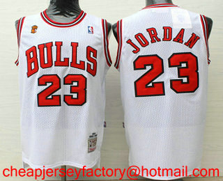 Men's Chicago Bulls #23 Michael Jordan White 1995-96 NBA Finals Champions Patch Hardwood Classics Jersey