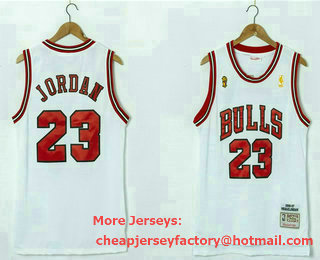 Men's Chicago Bulls #23 Michael Jordan White Gold 1995-96 NBA Finals Champions Patch Hardwood Classics Jersey