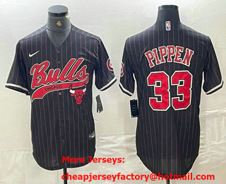 Men's Chicago Bulls #33 Scottie Pippen Black Pinstripe Cool Base Stitched Baseball Jersey 02