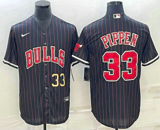 Men's Chicago Bulls #33 Scottie Pippen Number Black With Patch Cool Base Stitched Baseball Jersey 02