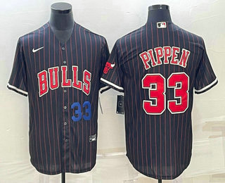 Men's Chicago Bulls #33 Scottie Pippen Number Black With Patch Cool Base Stitched Baseball Jersey 04