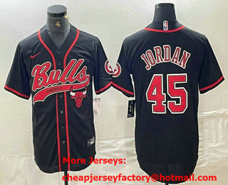 Men's Chicago Bulls #45 Michael Jordan Black Cool Base Stitched Baseball Jersey 01
