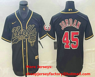Men's Chicago Bulls #45 Michael Jordan Black Gold Cool Base Stitched Baseball Jersey