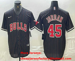 Men's Chicago Bulls #45 Michael Jordan Black Pinstripe Cool Base Stitched Baseball Jersey 01