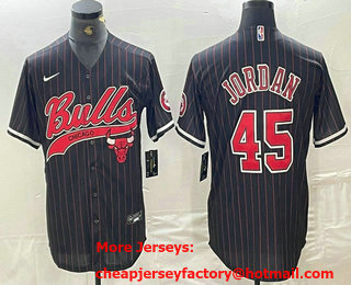 Men's Chicago Bulls #45 Michael Jordan Black Pinstripe Cool Base Stitched Baseball Jersey 02