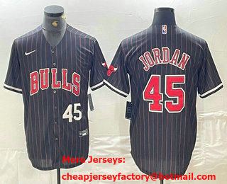 Men's Chicago Bulls #45 Michael Jordan Number Black Pinstripe Cool Base Stitched Baseball Jersey 01