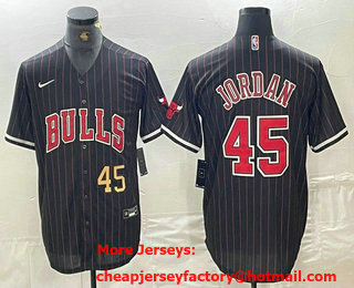 Men's Chicago Bulls #45 Michael Jordan Number Black Pinstripe Cool Base Stitched Baseball Jersey 02