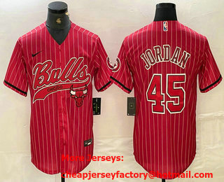 Men's Chicago Bulls #45 Michael Jordan Red Pinstripe Cool Base Stitched Baseball Jersey