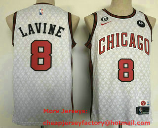 Men's Chicago Bulls #8 Zach LaVine 2022 White City Edition With 6 Patch Stitched Jersey With Sponsor