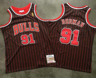 Men's Chicago Bulls #91 Dennis Rodman 1995-96 Black Pinstripe Hardwood Classics Soul Swingman Throwback Jersey