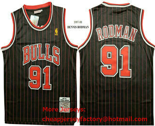 Men's Chicago Bulls #91 Dennis Rodman 1997-98 Black Pinstripe Hardwood Classics Soul Swingman Throwback Jersey